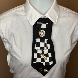 Black and White Checkered Tie with Brooch